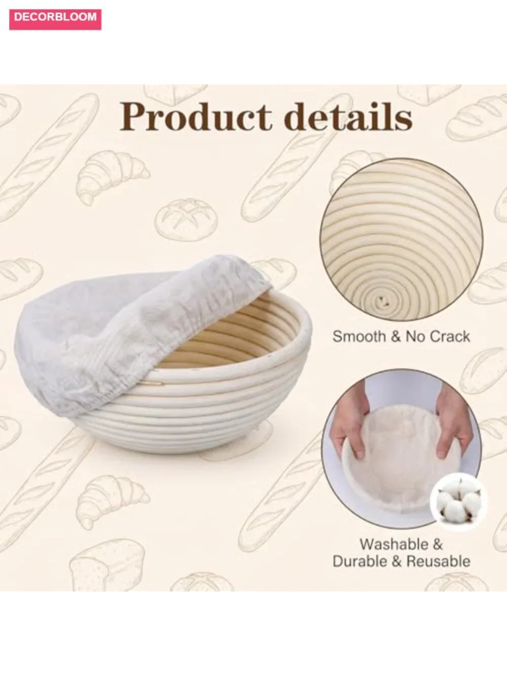 Sourdough Bread Proofing Basket Set 2-Pack Rattan Banneton with Liners